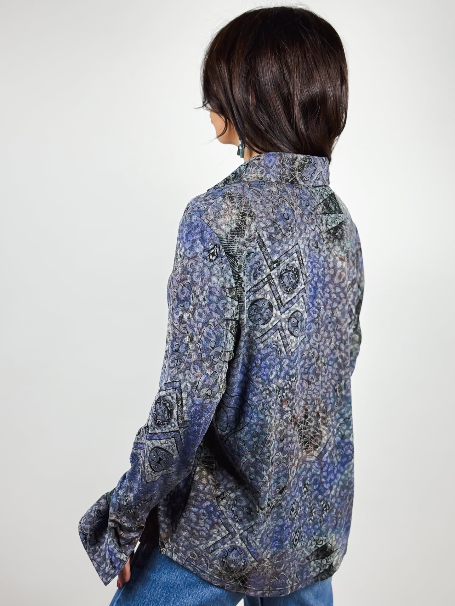 Camicia Vintage Donna Anni '90 in Maglina - Fantasia Viola e Blu