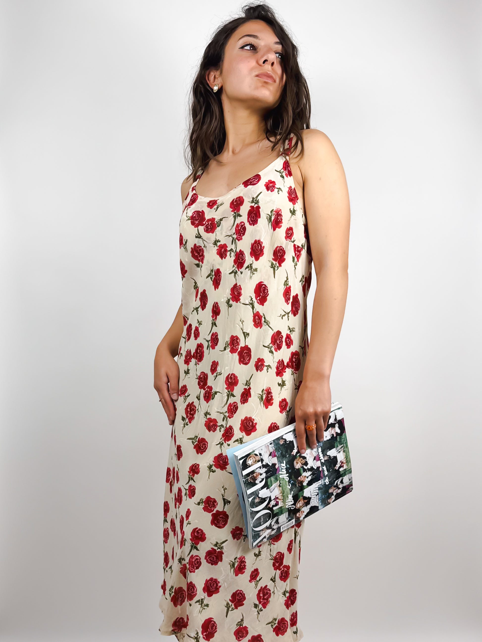 ABITO VINTAGE LUNGO BEIGE CON STAMPA ROSE