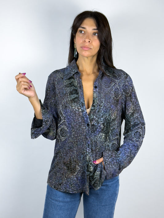 Camicia Vintage Donna Anni '90 in Maglina - Fantasia Viola e Blu