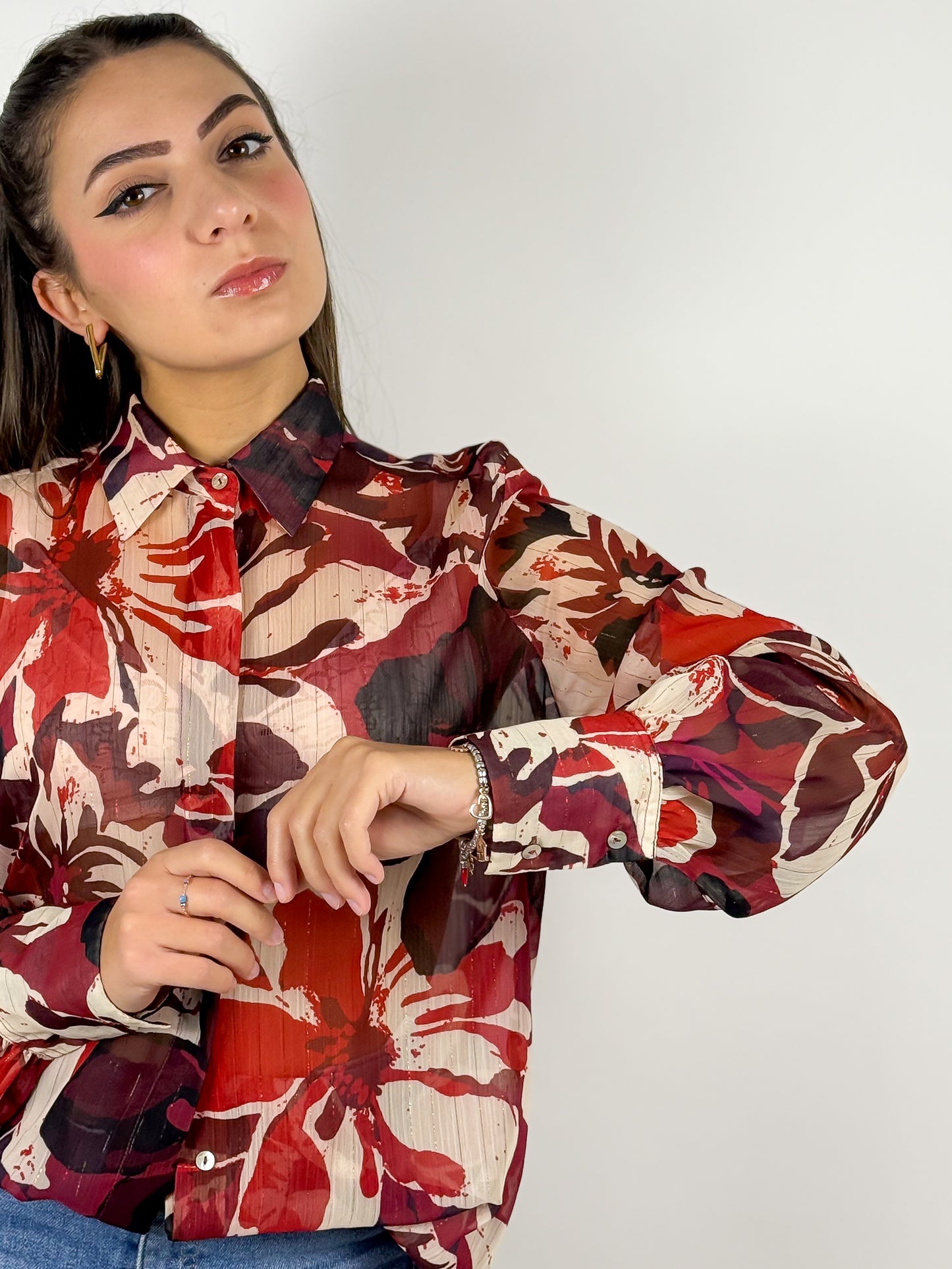 Camicia Vintage Anni '90 Floreale con Fili Dorati - Trasparente Made in Italy