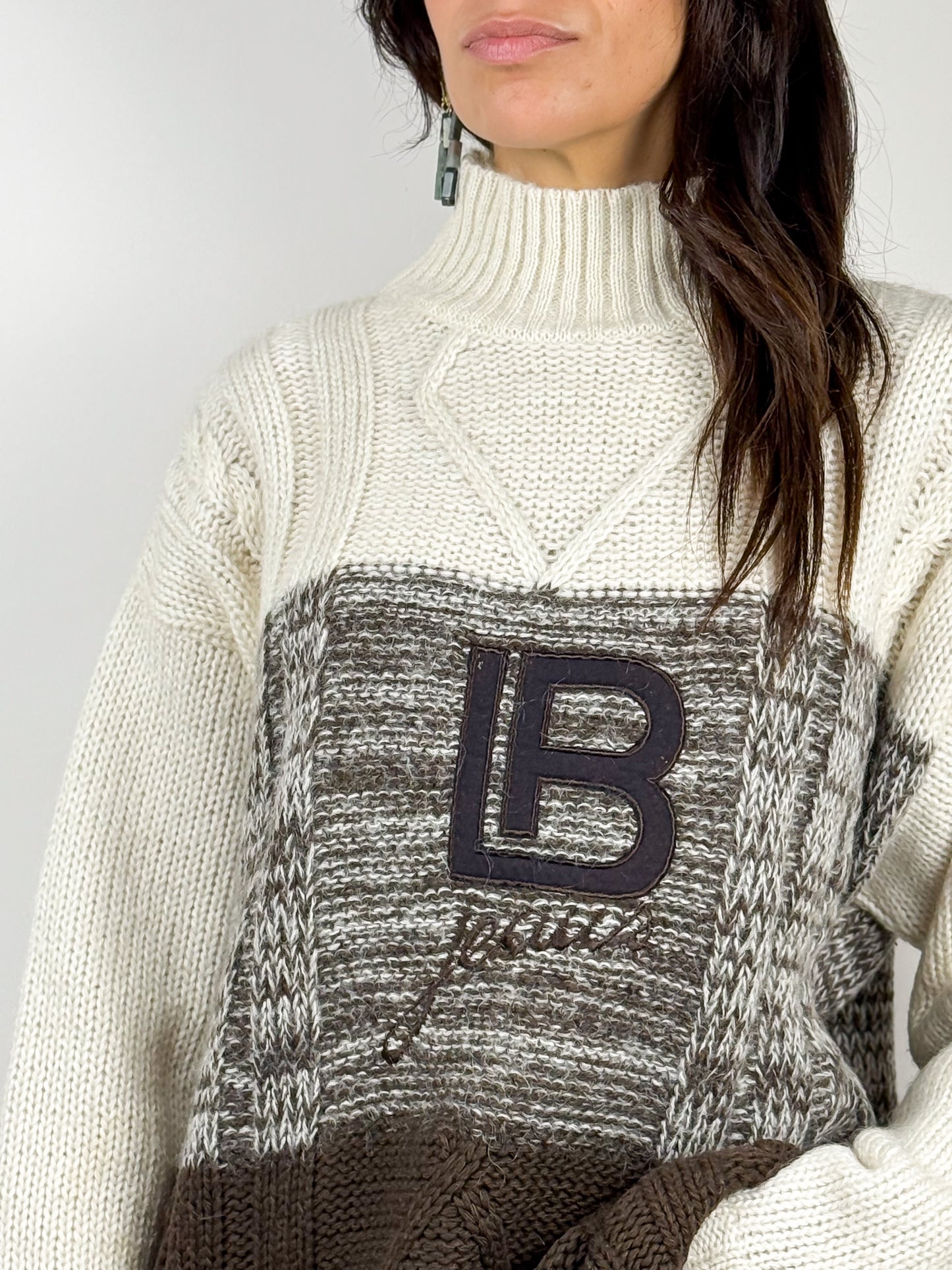 Maglione Vintage Lana Laura Biagiotti Jeans Panna e Marrone Anni '90