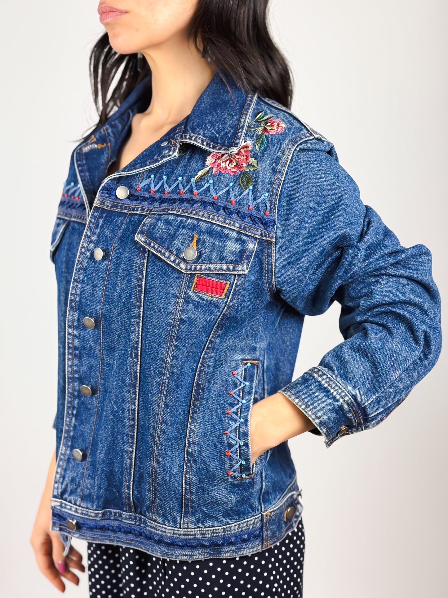 Giacca Jeans Donna Vintage Anni '90 con Ricami - Crop