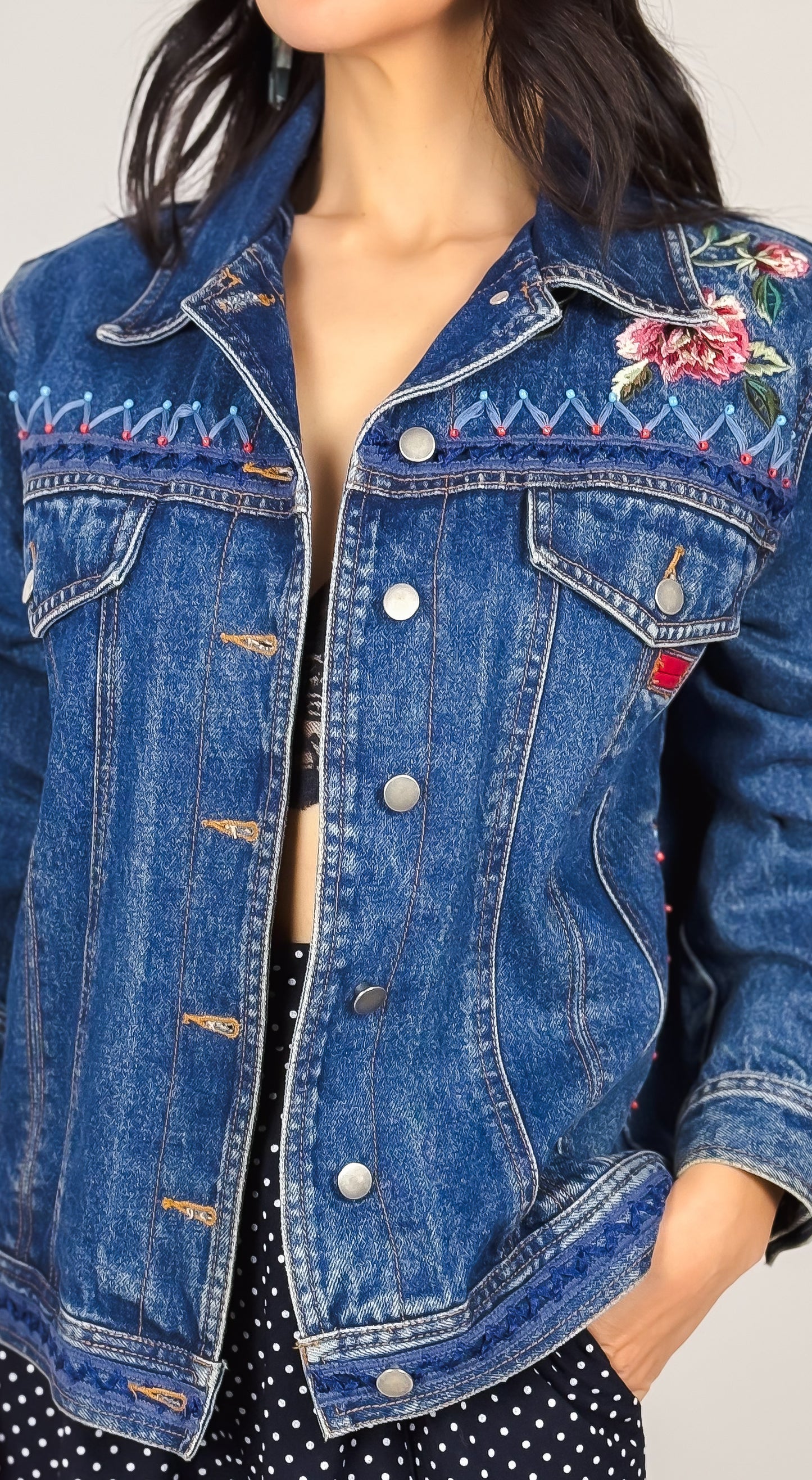 Giacca Jeans Donna Vintage Anni '90 con Ricami - Crop