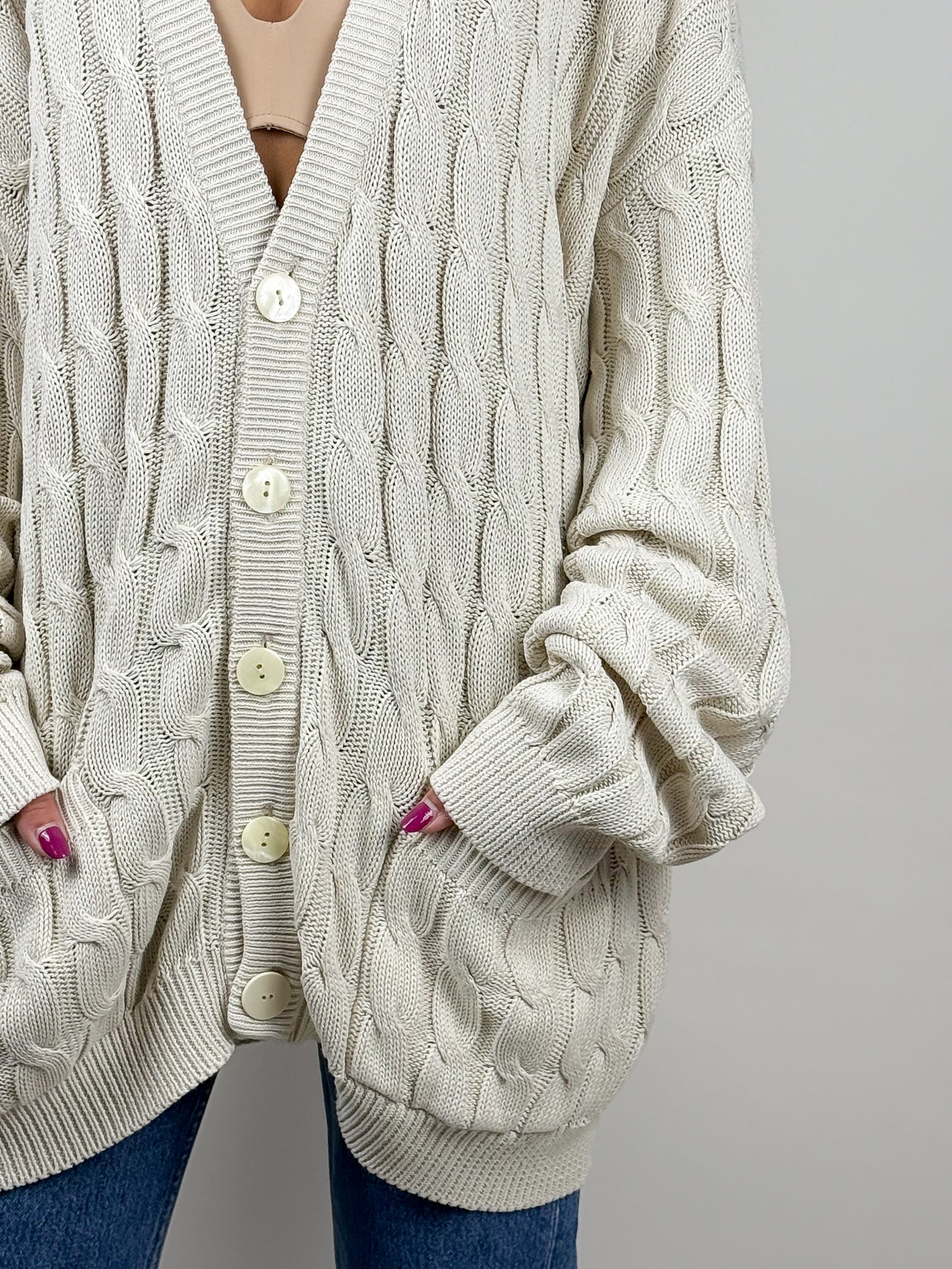 Cardigan vintage in cotone beige con trecce