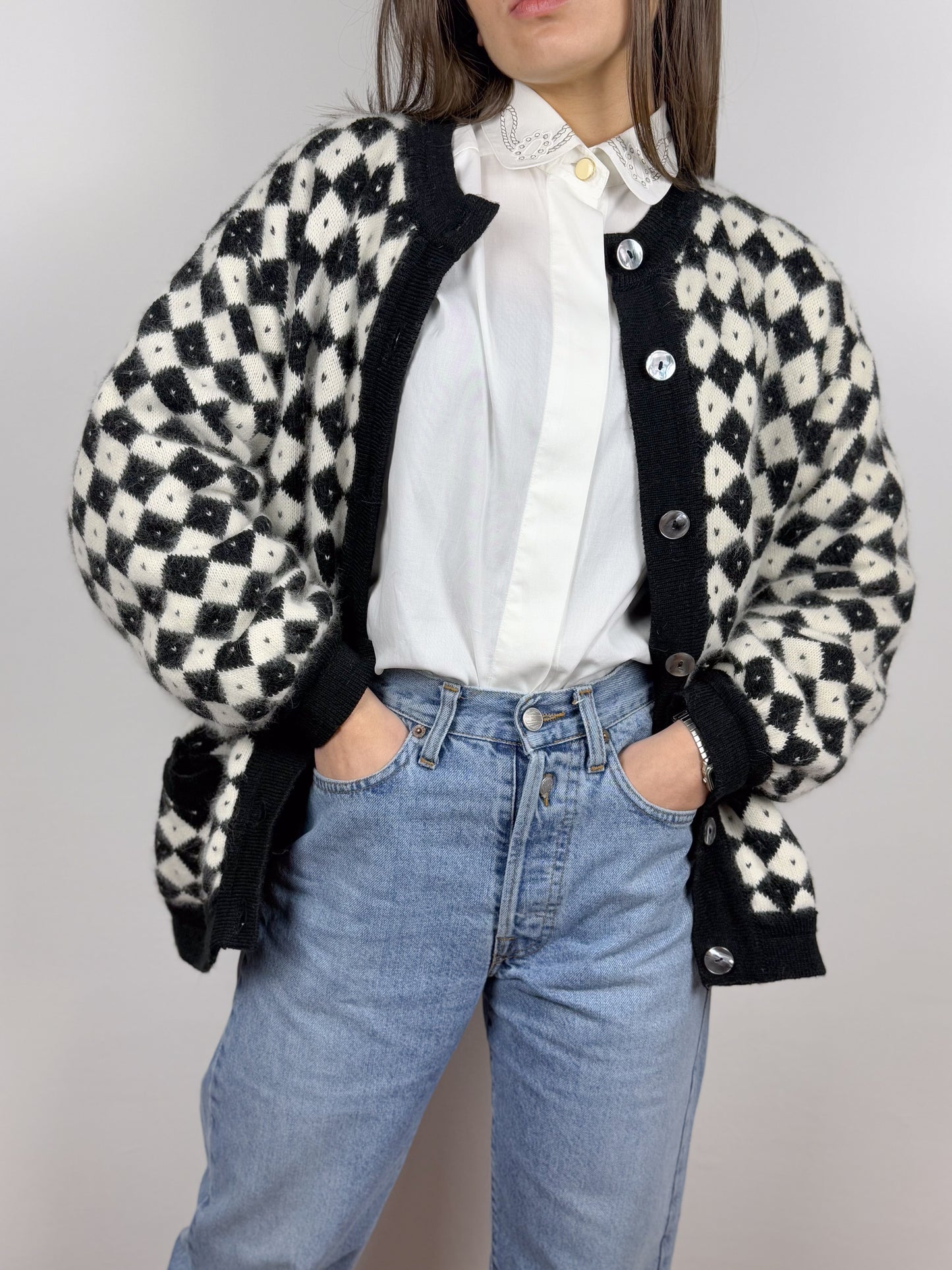 Cardigan Vintage in Angora Anni '80 con Rombi