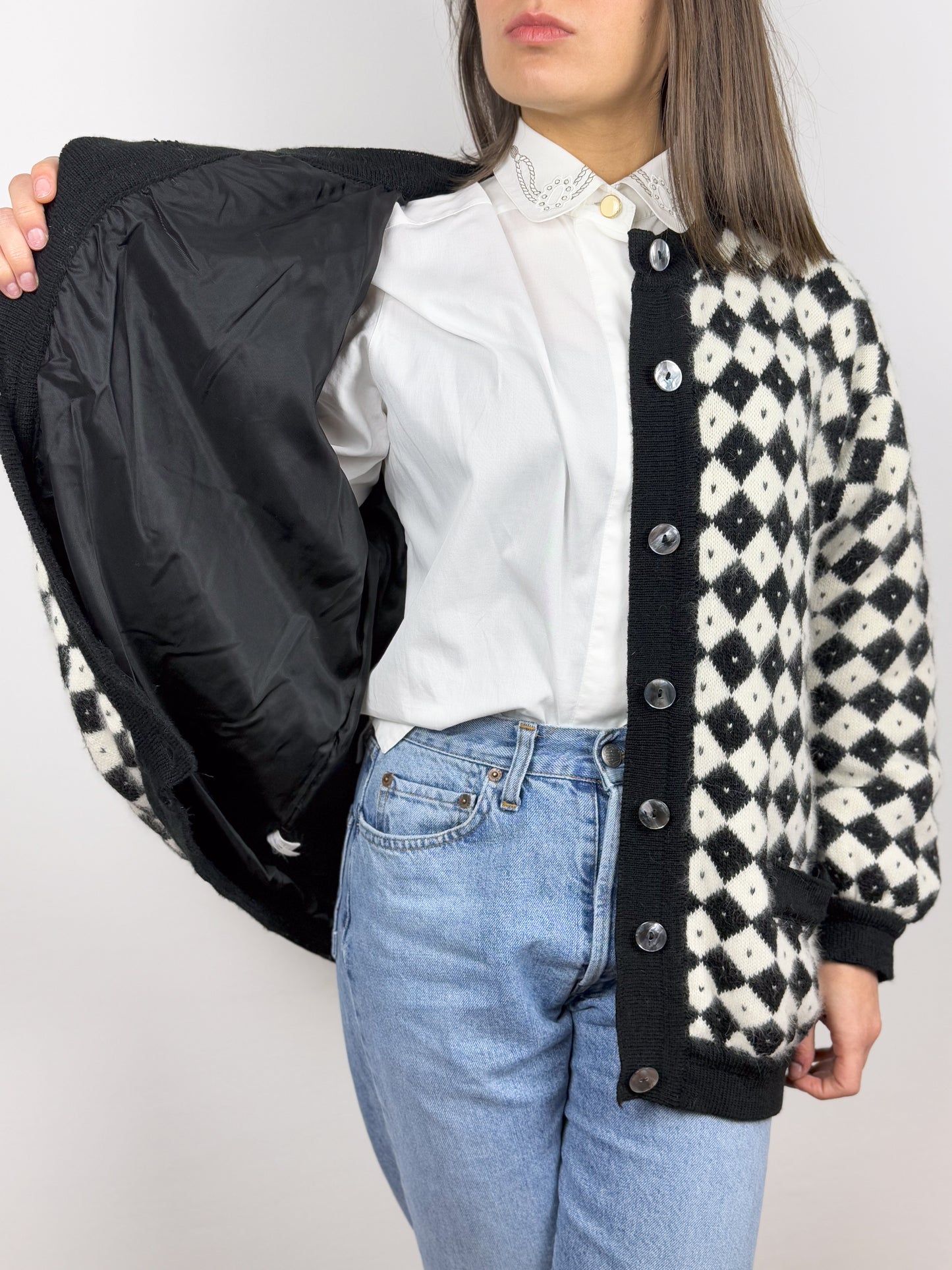 Cardigan Vintage in Angora Anni '80 con Rombi