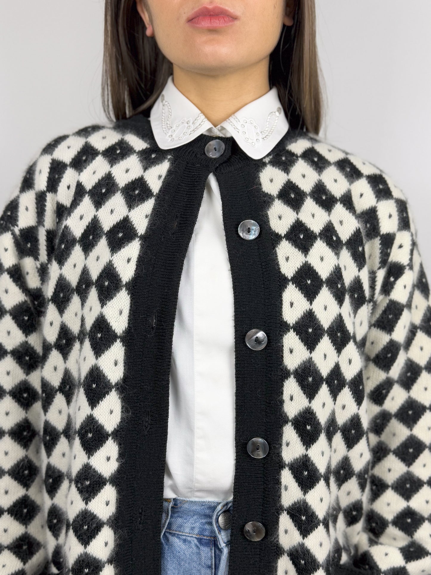 Cardigan Vintage in Angora Anni '80 con Rombi