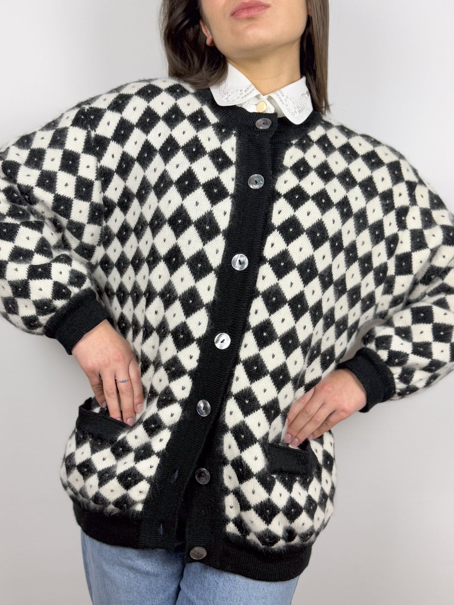 Cardigan Vintage in Angora Anni '80 con Rombi