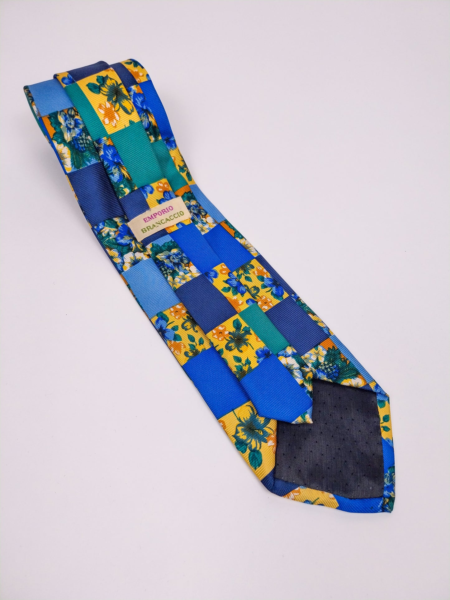 Cravatta Vintage Seta Made in Italy Quadri Floreali Verde Giallo Blu Anni '90