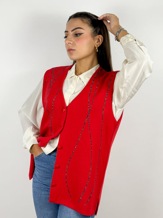 Gilet Vintage in Lana Merinos Rossa con Decorazioni Brillantinate - Made in Italy