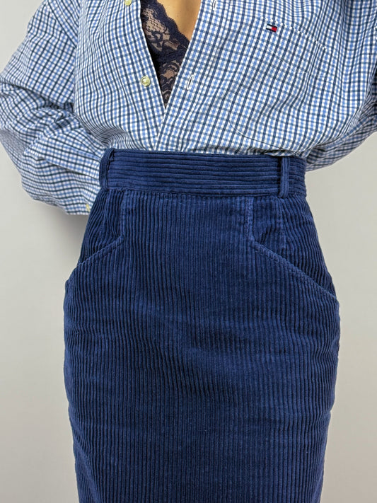 Gonna Tubino Velluto Blu a Costine Vintage - Stile Elegante