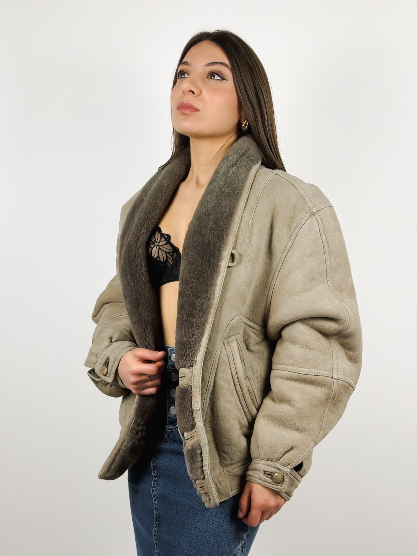 Montone Corto Vintage Original Shearling Grigio Donna Made in Italy