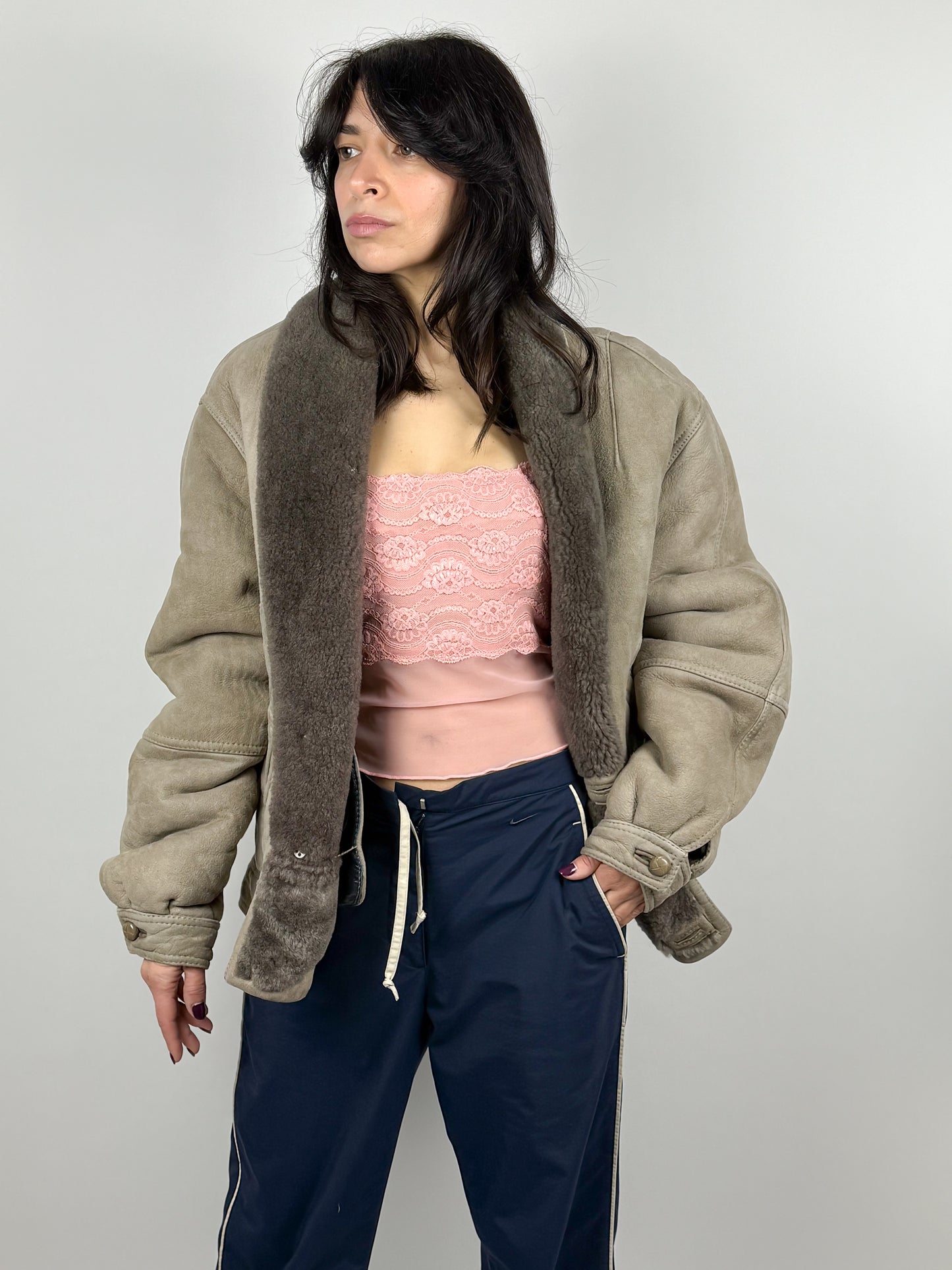 Montone Corto Vintage Original Shearling Grigio Donna Made in Italy