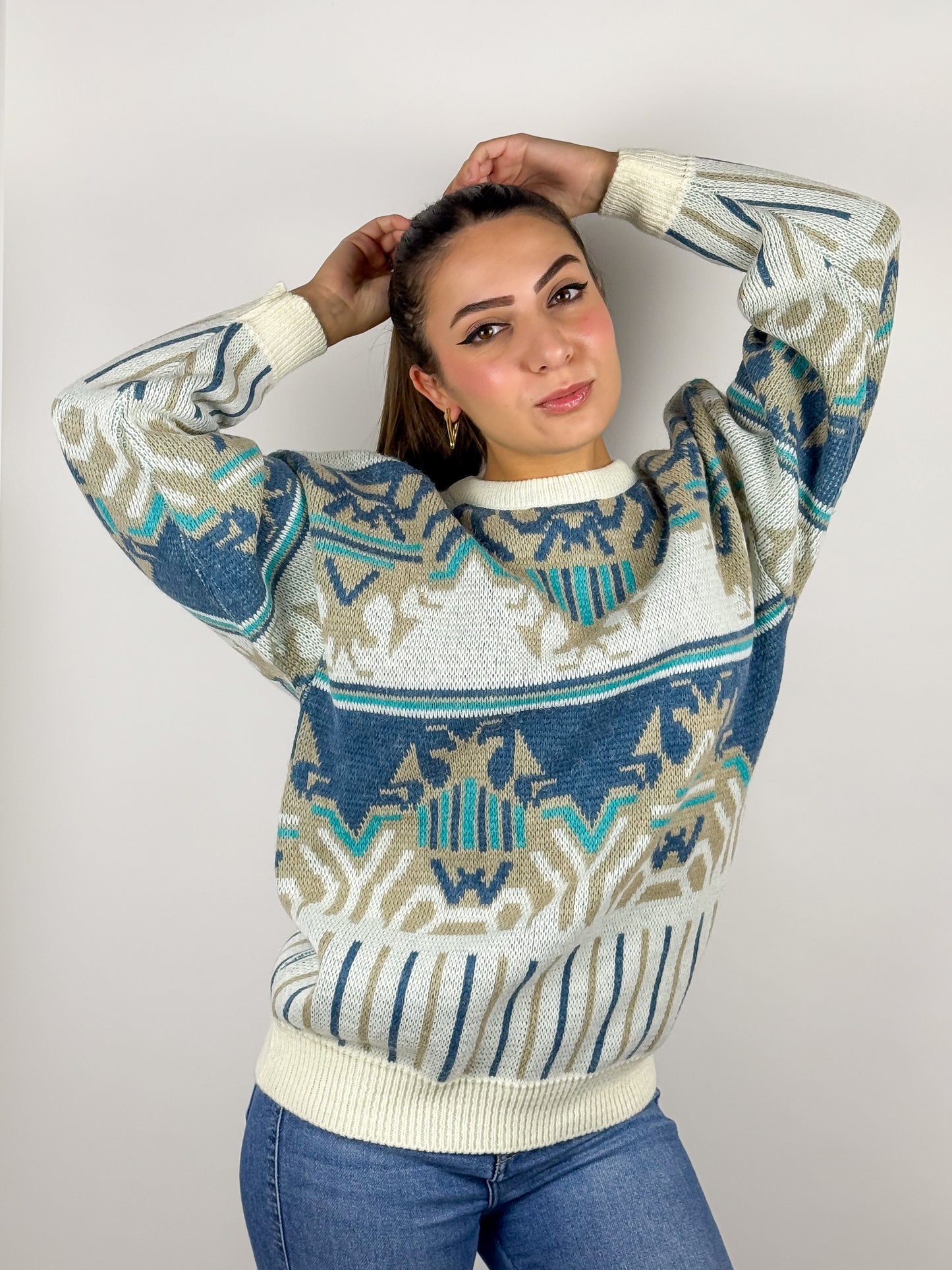 Maglione Vintage Panna Motivo Geometrico Azteco Anni '90