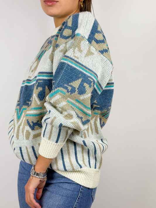 Maglione Vintage Panna Motivo Geometrico Azteco Anni '90