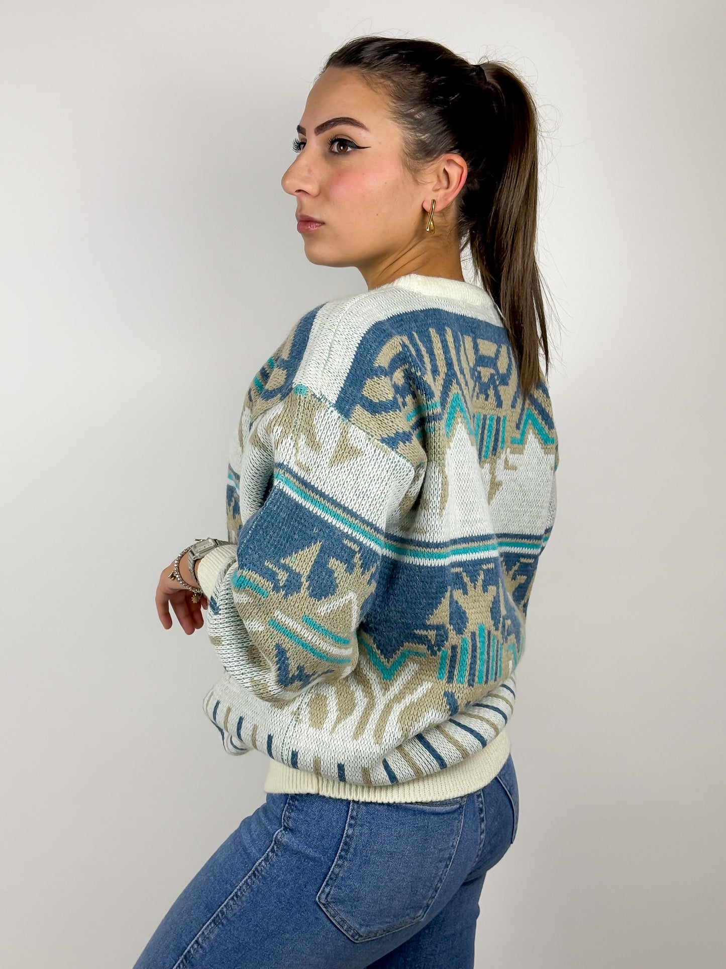 Maglione Vintage Panna Motivo Geometrico Azteco Anni '90