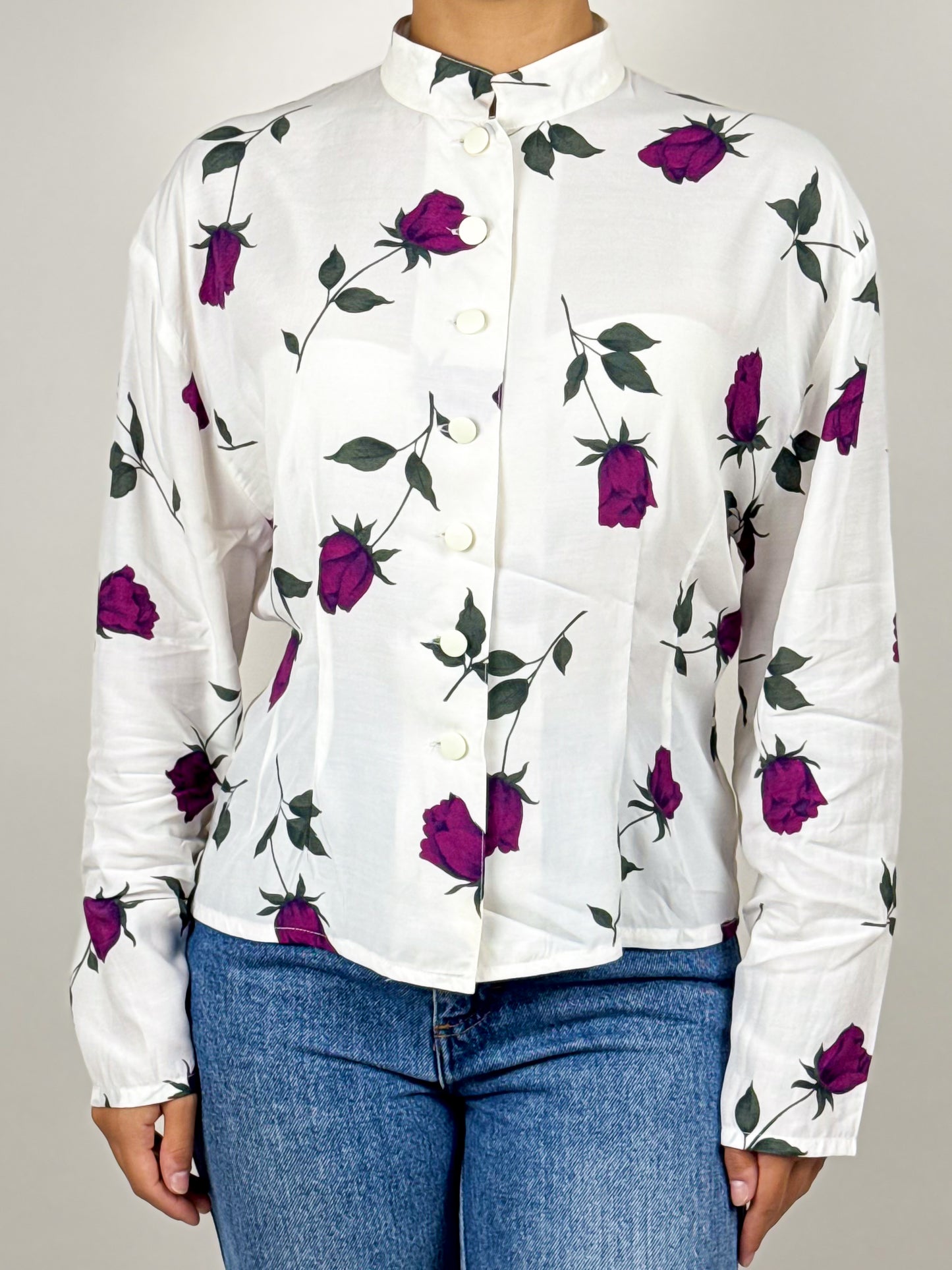 Camicia Vintage Bianca con Rose Viola - Elegante Blusa in Viscosa 100%