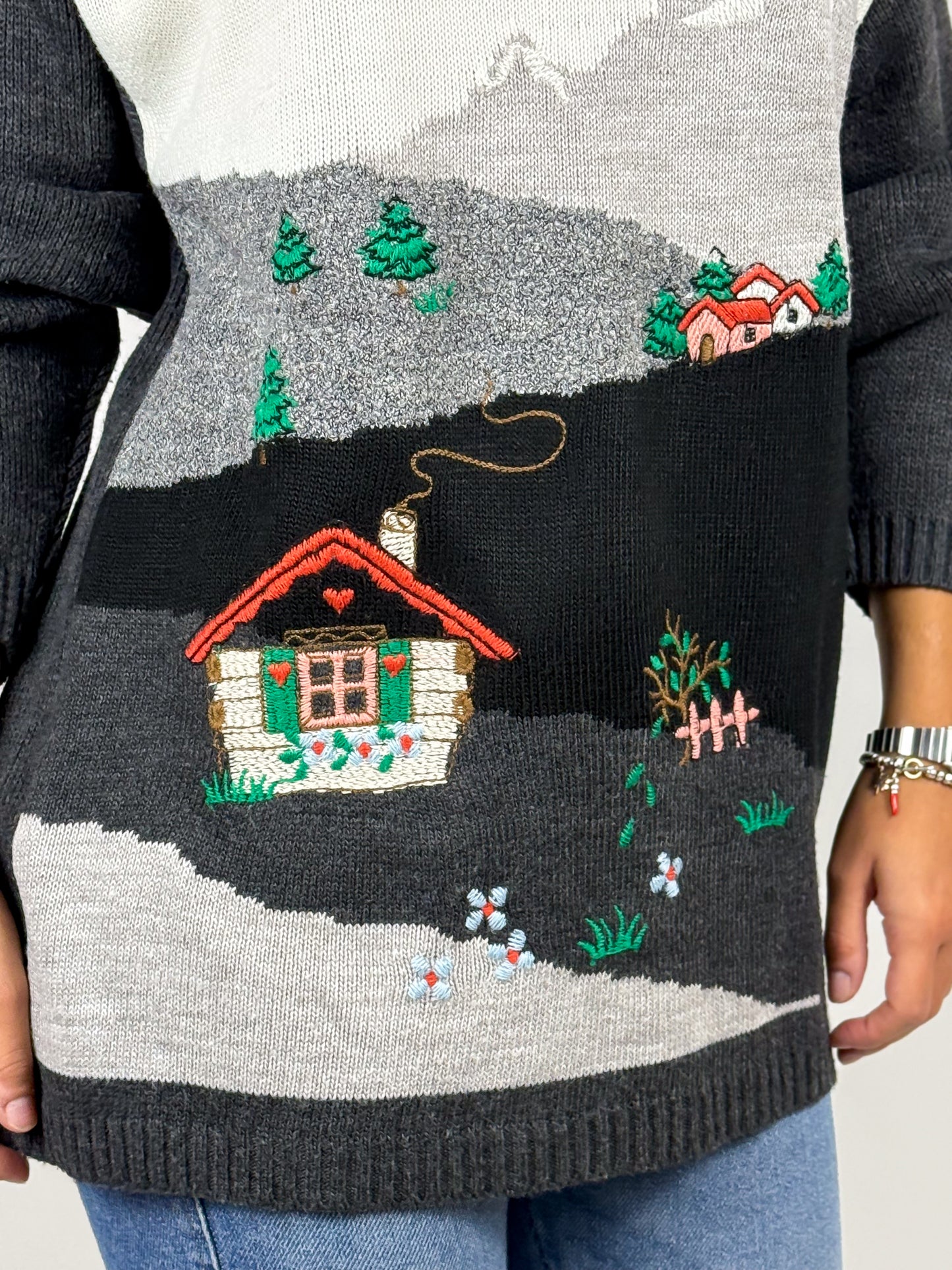 Maglione Lana Vintage Anni '80 con Paesaggio Grigio