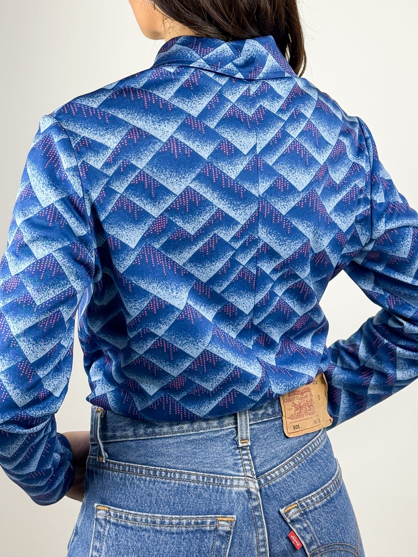 Maglia Vintage Donna Anni '70 Fantasia Geometrica Blu e Rosa
