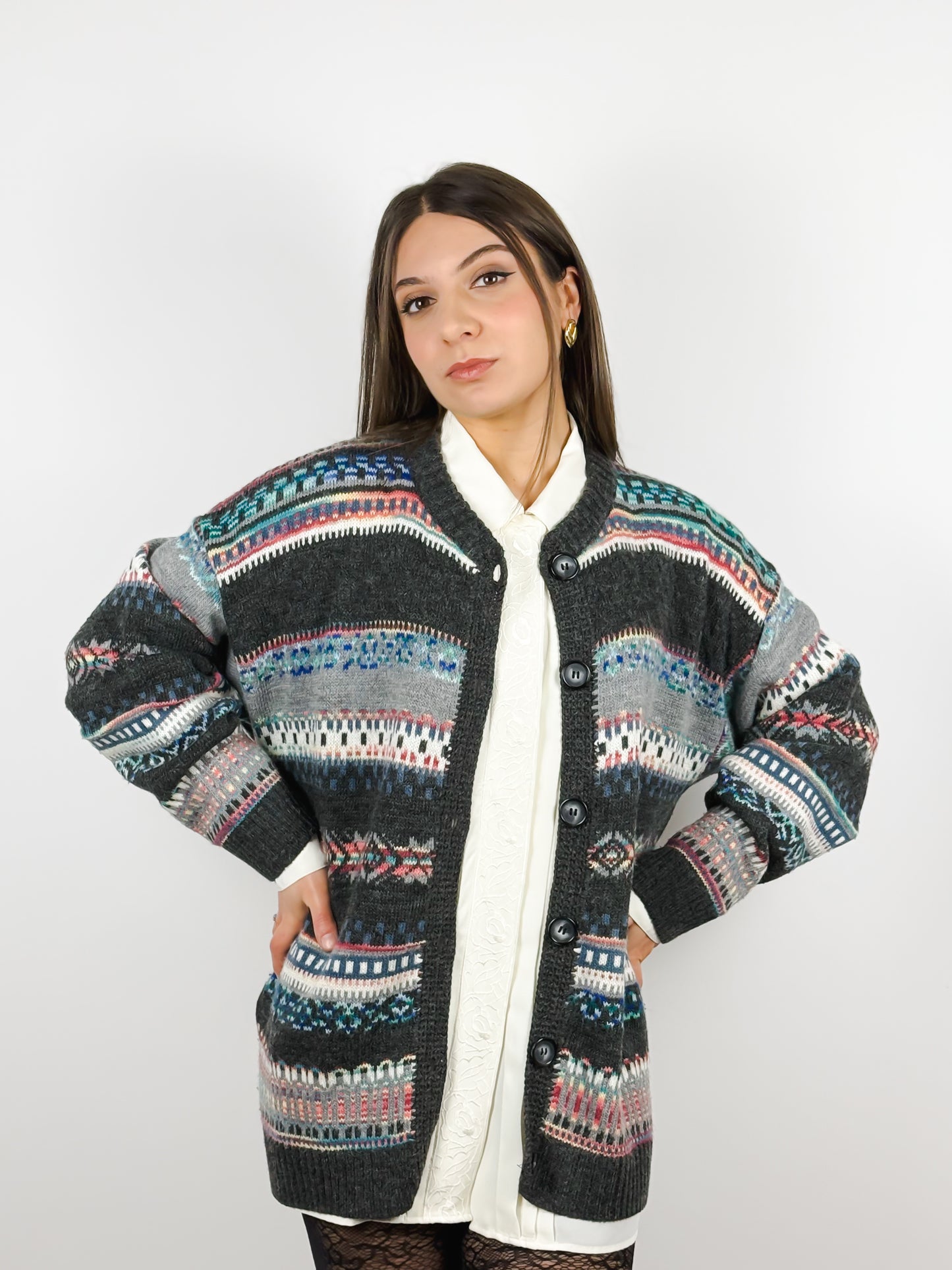 Cardigan Vintage Grigio a Fantasia Geometrica