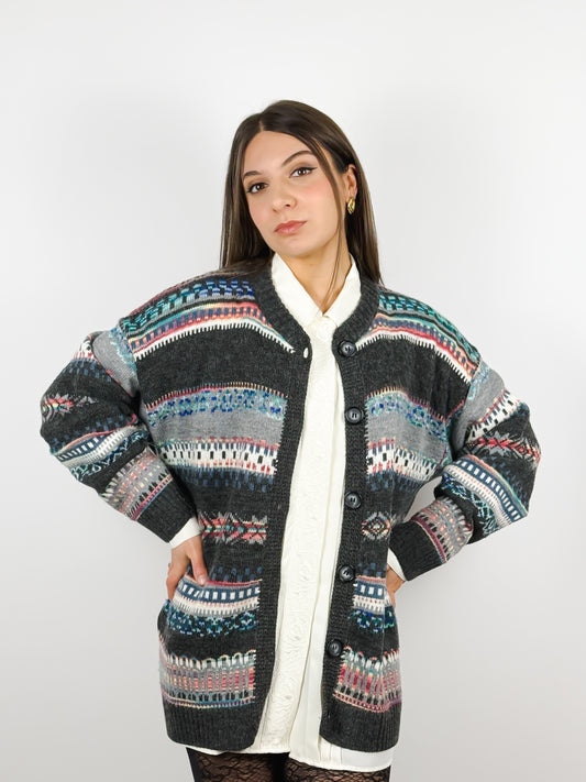 Cardigan Vintage Grigio a Fantasia Geometrica