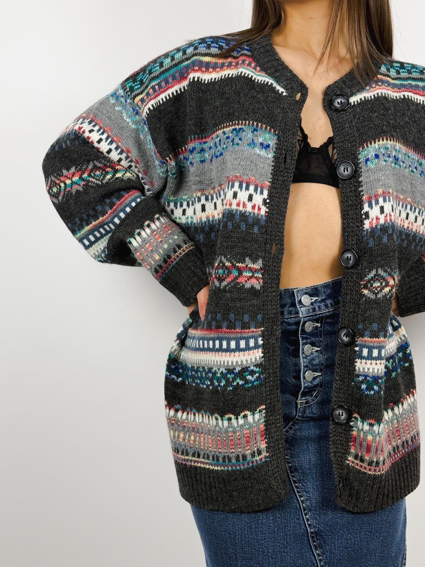 Cardigan Vintage Grigio a Fantasia Geometrica