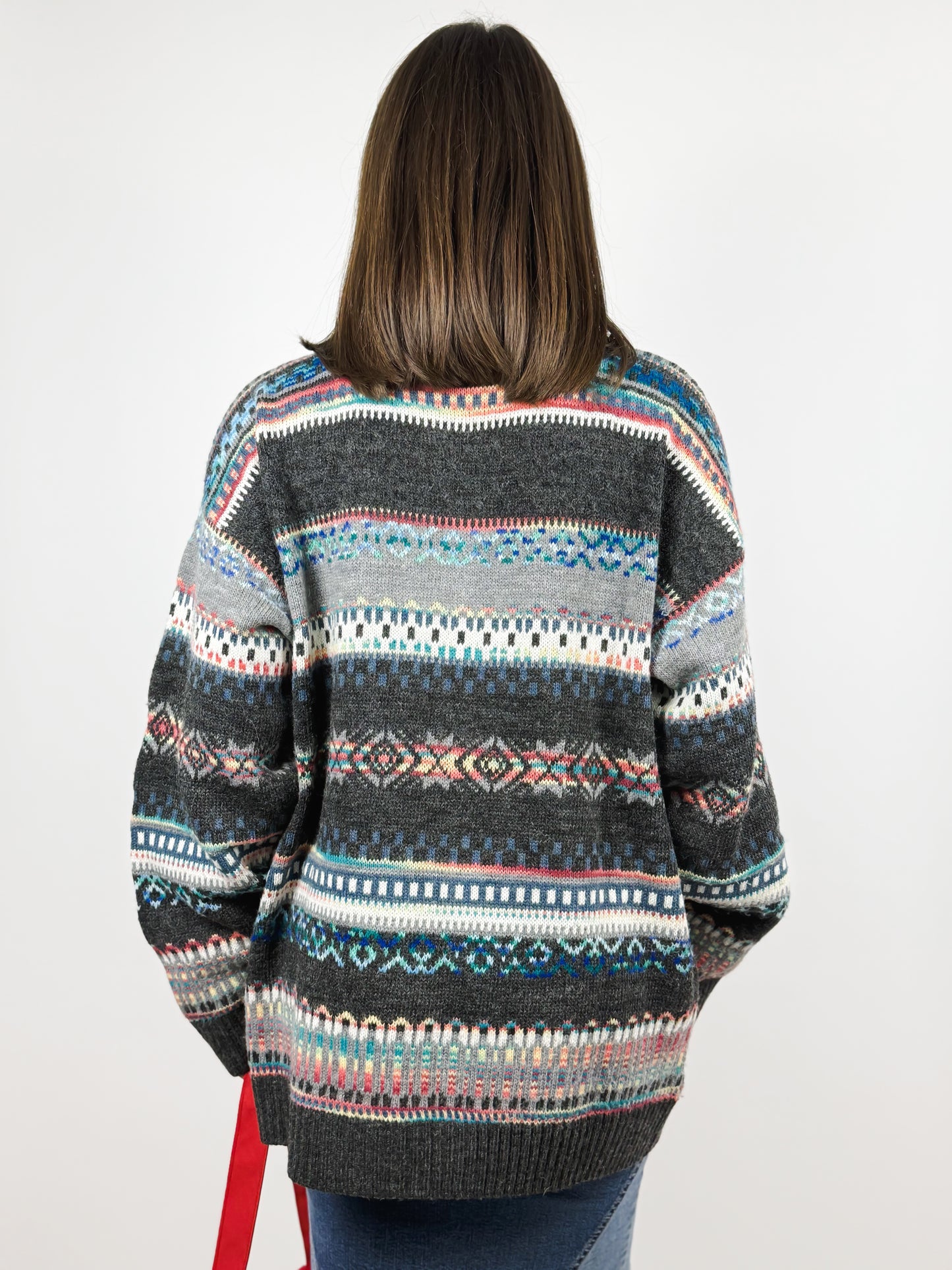 Cardigan Vintage Grigio a Fantasia Geometrica