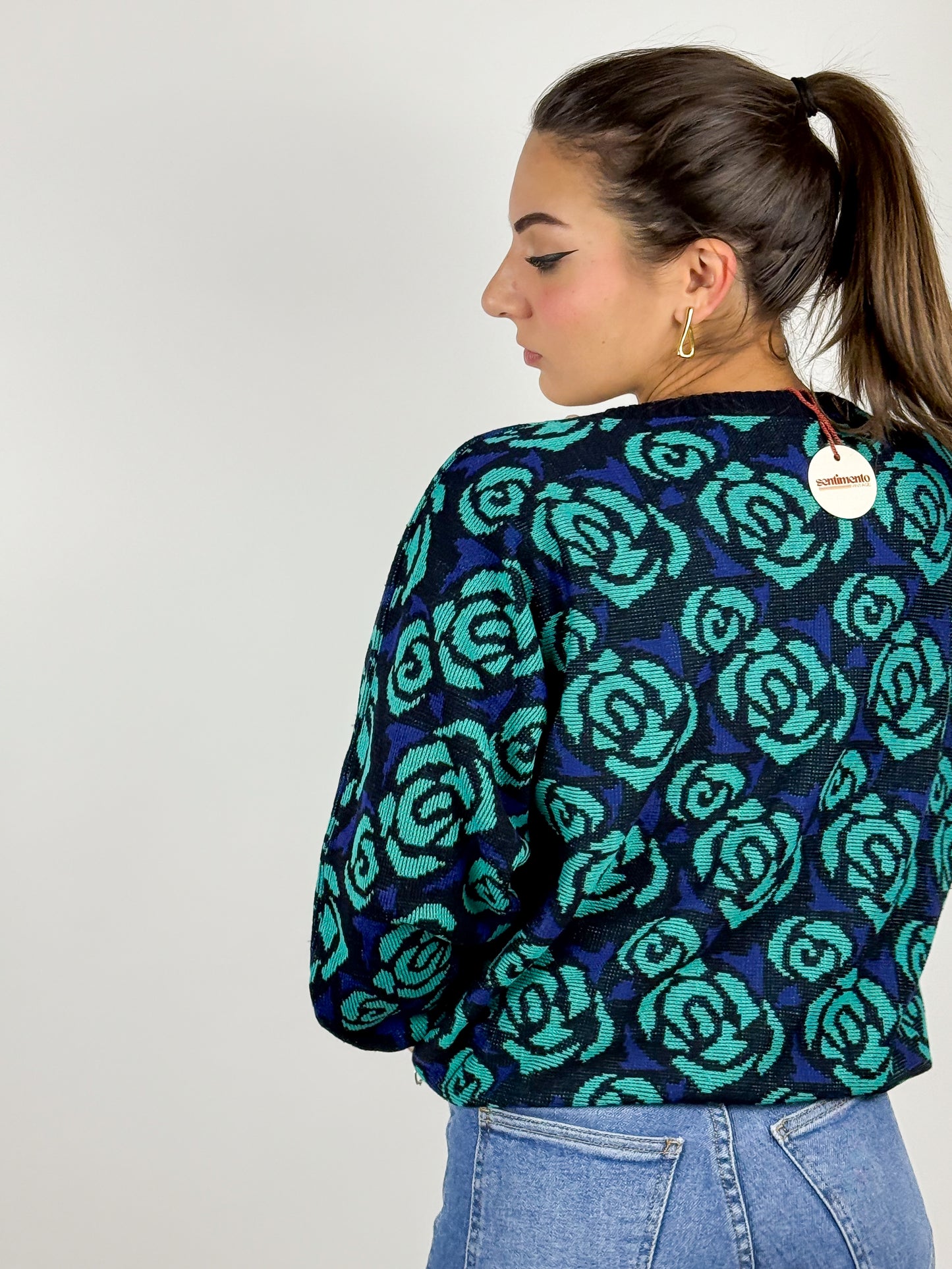 Maglioncino Vintage Blu con Rose Maniche a Pipistrello Anni '80-'90