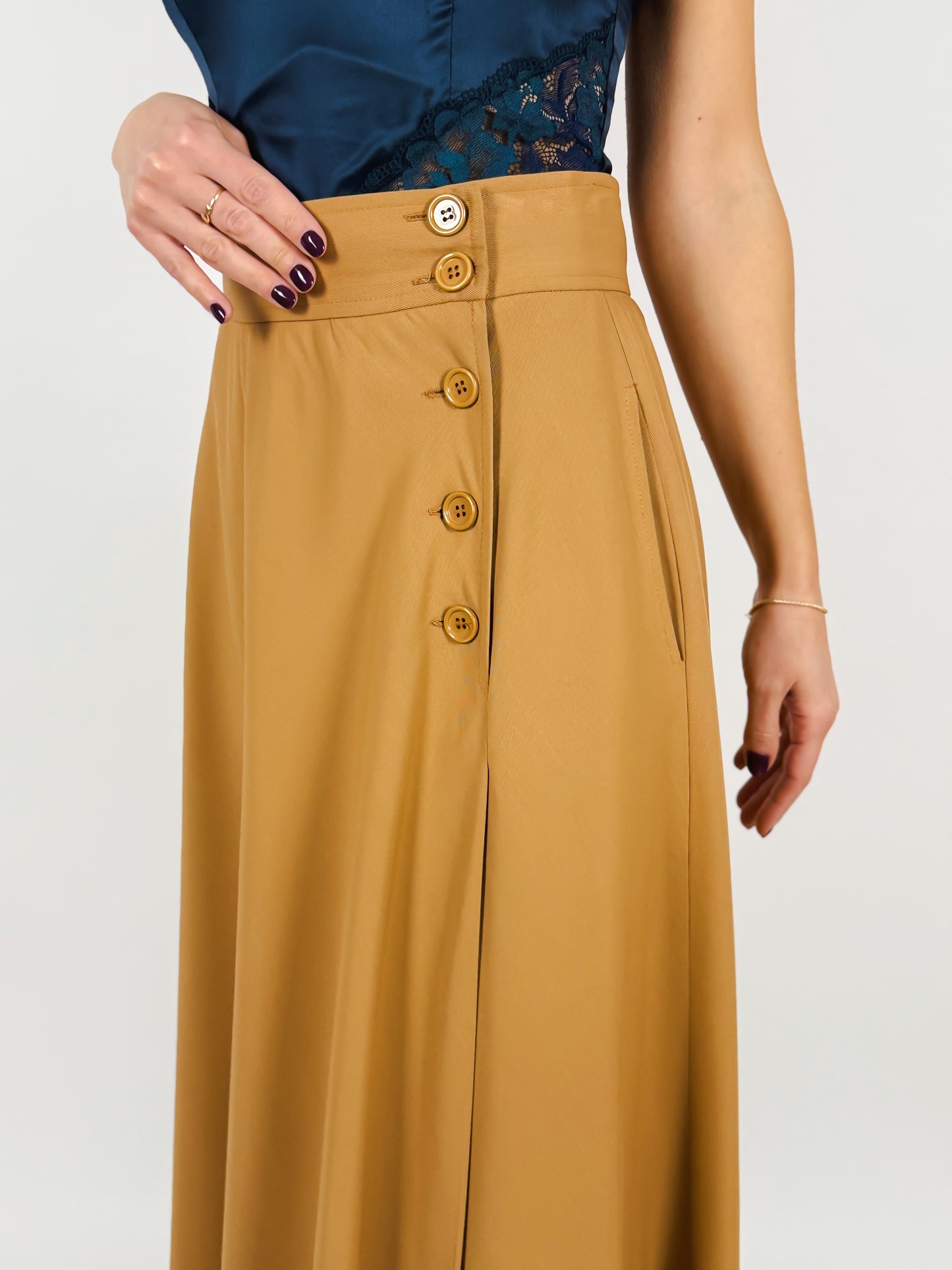 Gonna Longuette Vintage Anni '70 Beige Svasata con Bottoni