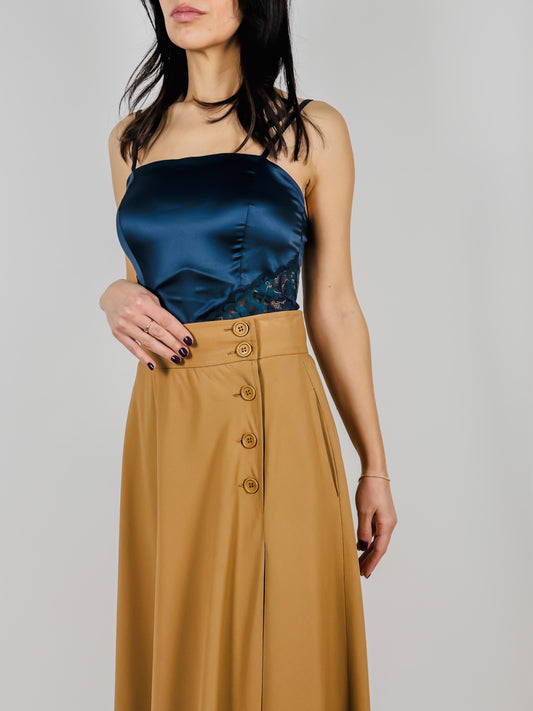 Gonna Longuette Vintage Anni '70 Beige Svasata con Bottoni