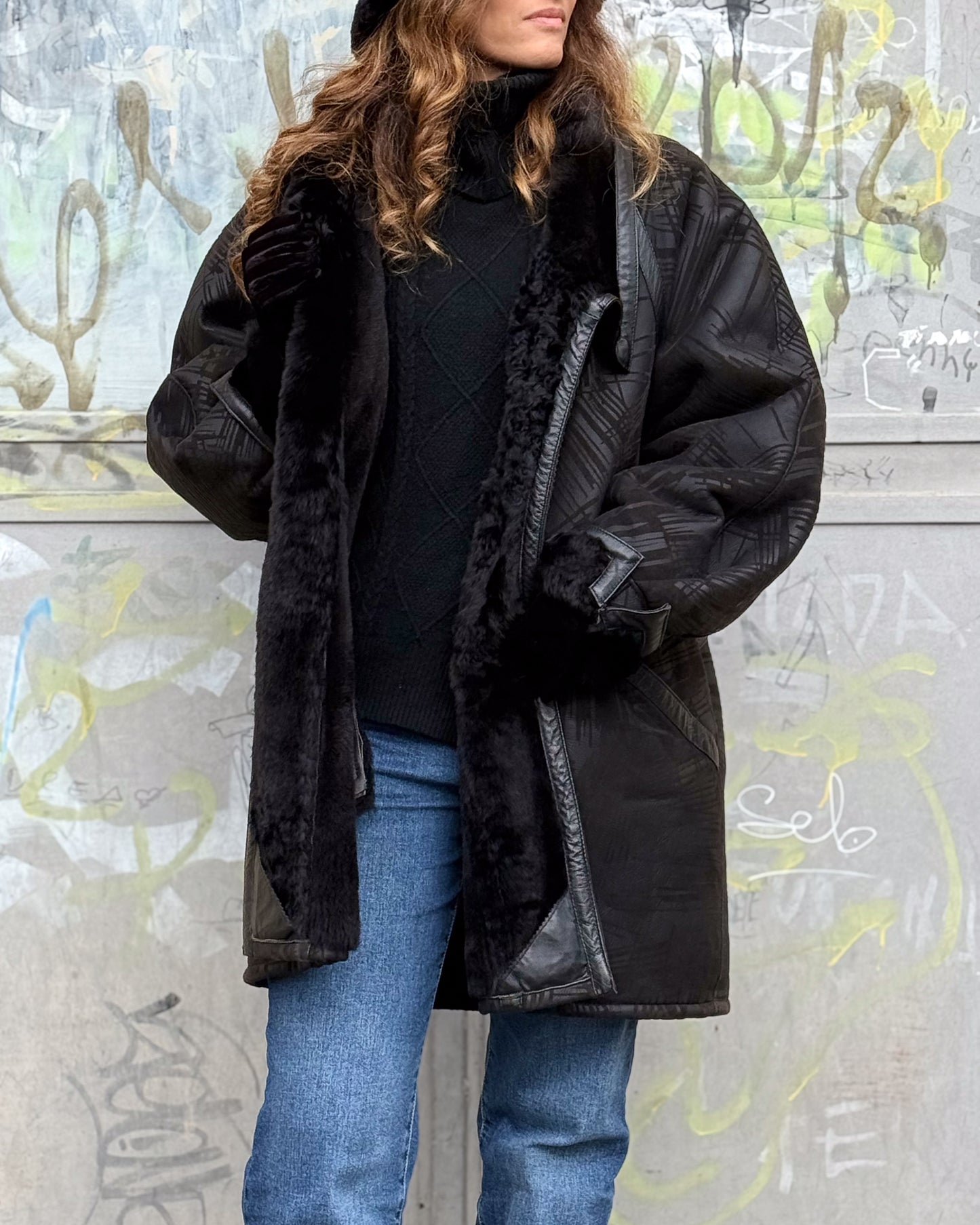 Montone Donna Vintage Vera Pelle a Fantasia - Anni '80