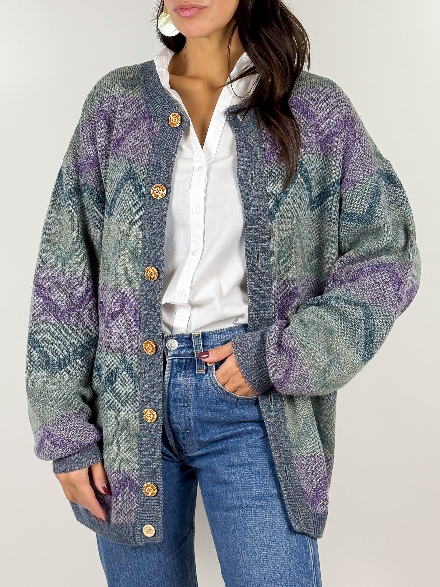 Cardigan vintage in lana con motivo geometrico - made in Italy