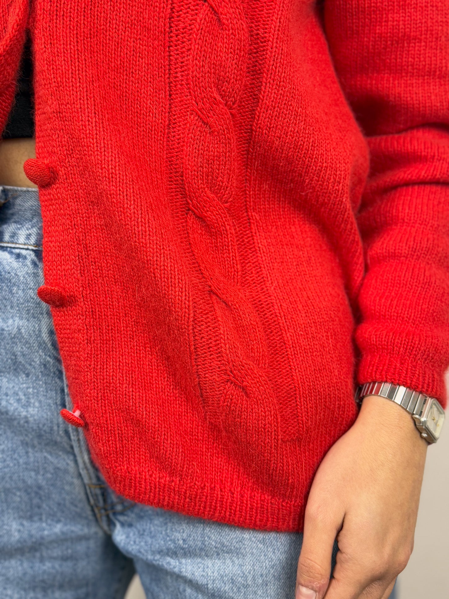 CARDIGAN ANGORA ROUGE ANNÉES 80