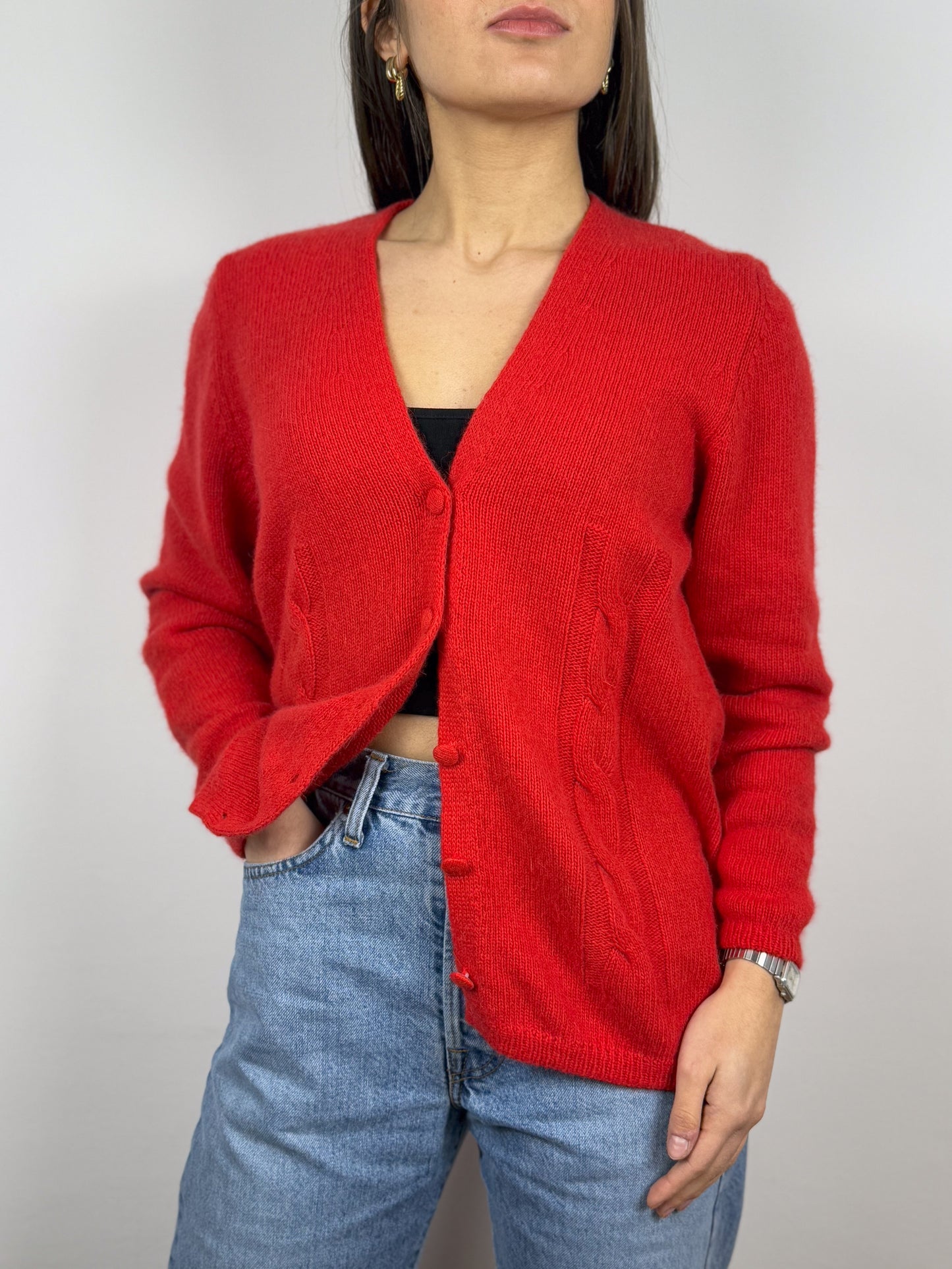 CARDIGAN ANGORA ROUGE ANNÉES 80