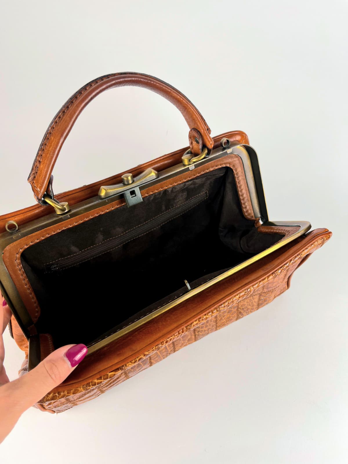 Borsa Vintage in Vera Pelle Marrone Effetto Coccodrillo Patchwork – Anni '70/'80