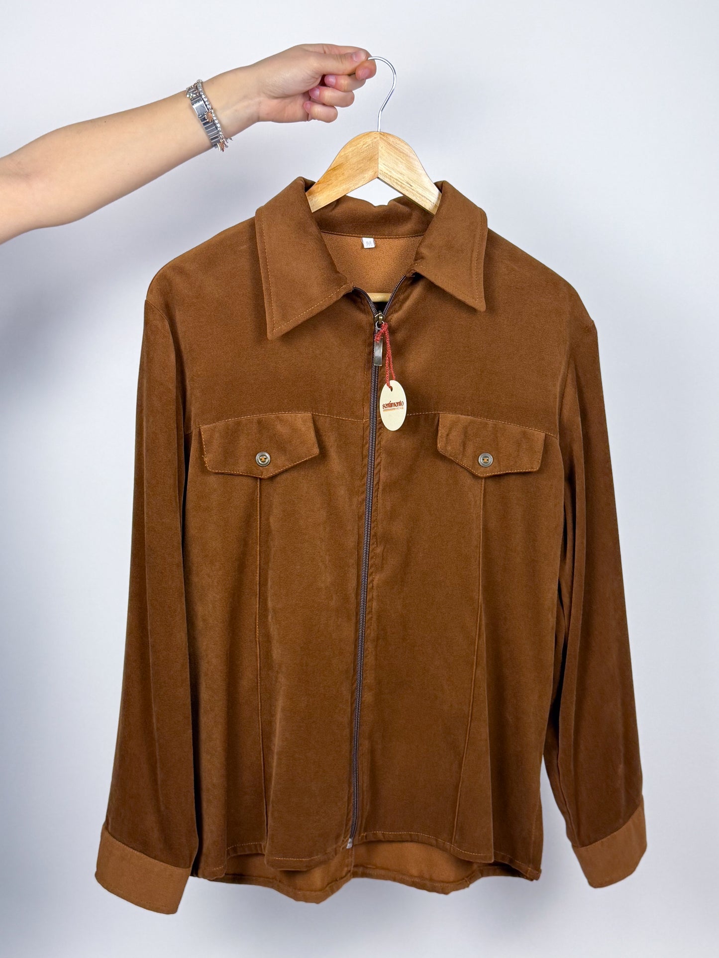 BROWN VELVET SHIRT WITH ZIP