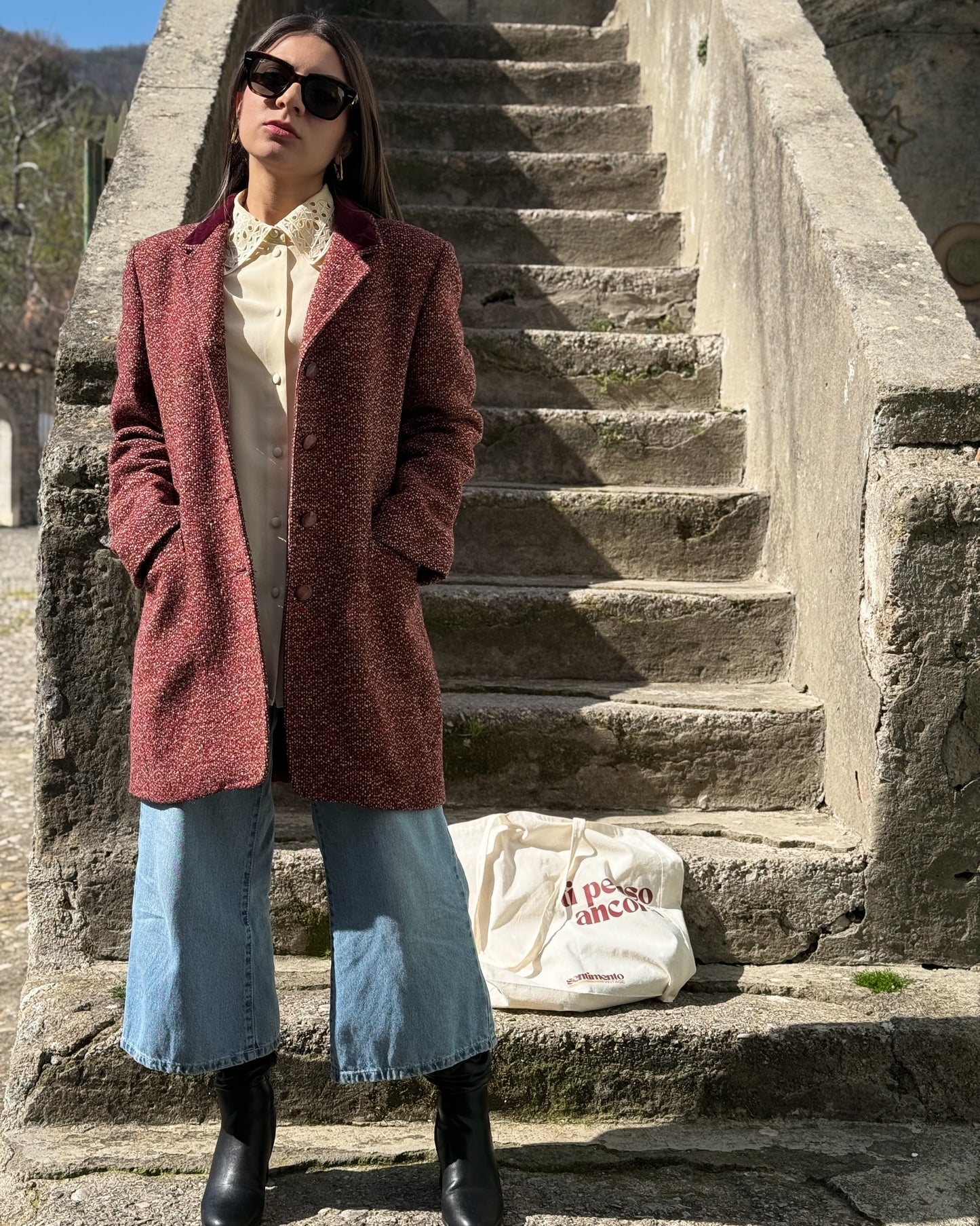 Cappottino in Lana Bordeaux Anni '70 Vintage - Eleganza Italiana