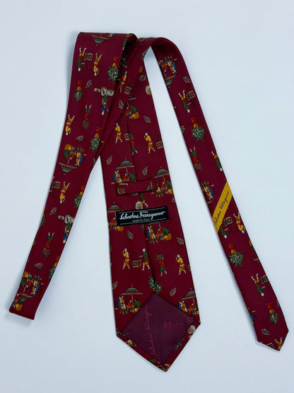Cravatta Vintage Salvatore Ferragamo - Seta Made in Italy Fantasia Cinese Bordeaux