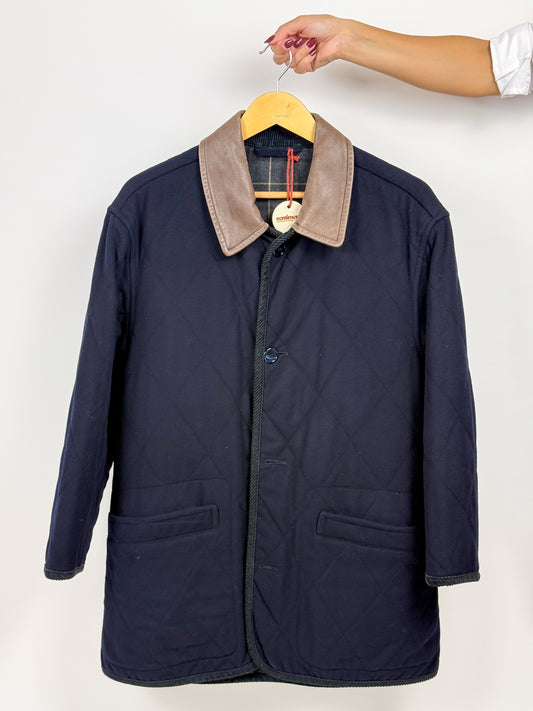 Giacca Trapuntata Vintage Blu Scuro con Colletto in Pelle Marrone