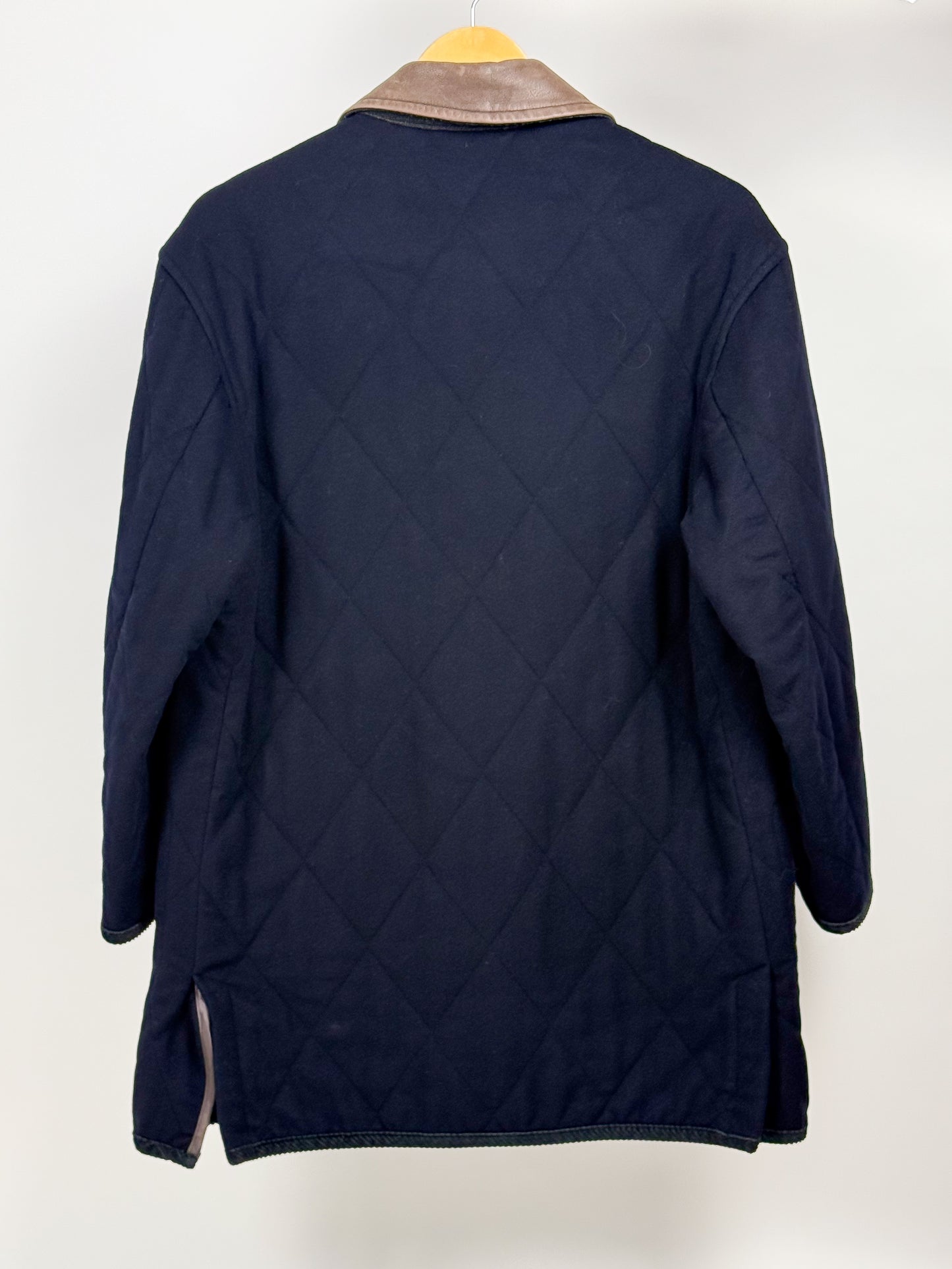 Giacca Trapuntata Vintage Blu Scuro con Colletto in Pelle Marrone