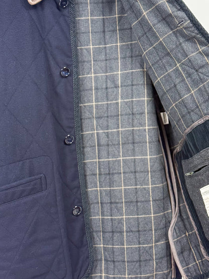 Giacca Trapuntata Vintage Blu Scuro con Colletto in Pelle Marrone