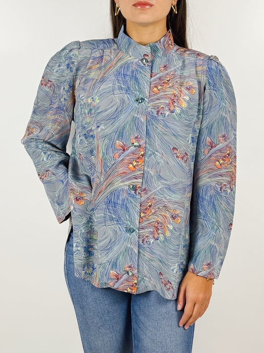 Camicia Vintage Sartoriale Fantasia Floreale - Spalline Imbottite e Collo Coreana