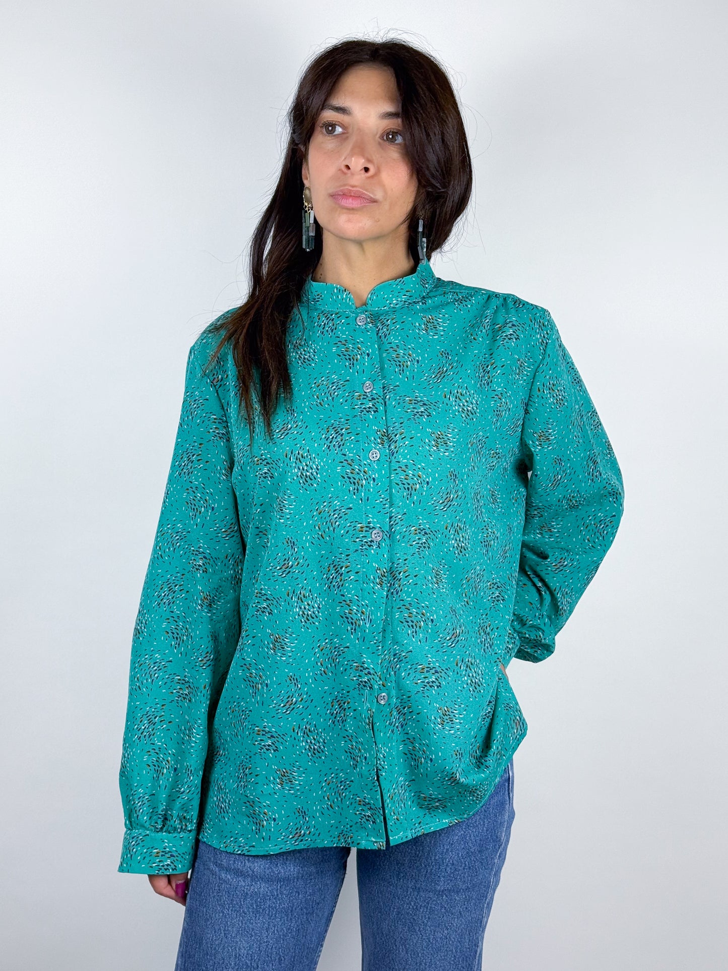 Camicetta Vintage Verde Made in England con Collo alla Coreana