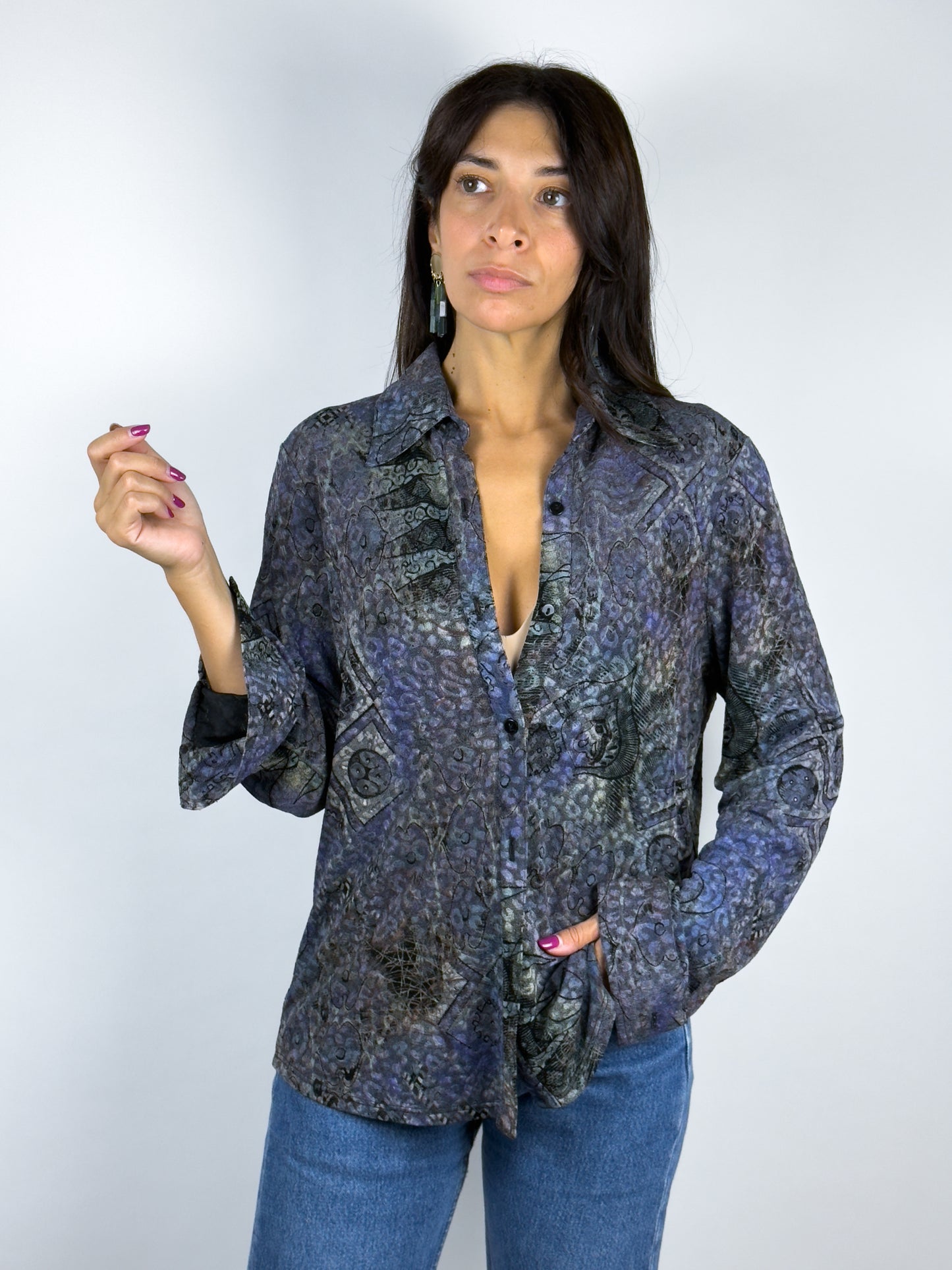 Camicia Vintage Donna Anni '90 in Maglina - Fantasia Viola e Blu