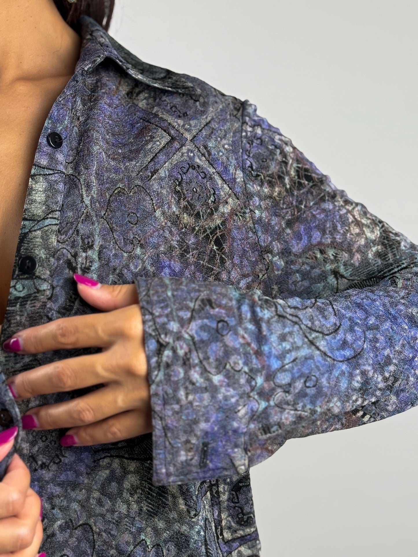 Camicia Vintage Donna Anni '90 in Maglina - Fantasia Viola e Blu