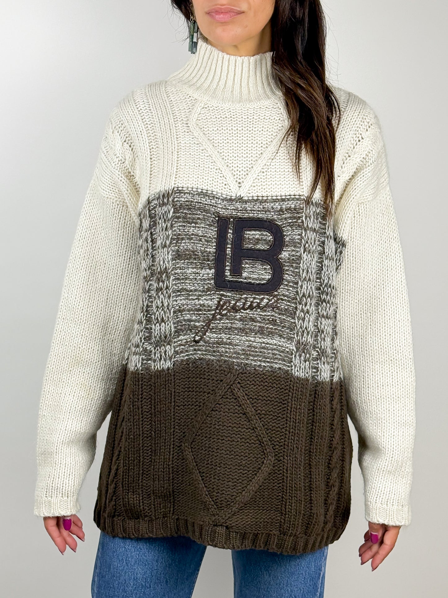 Maglione Vintage Lana Laura Biagiotti Jeans Panna e Marrone Anni '90