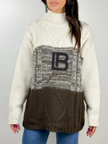 Maglione Vintage Lana Laura Biagiotti Jeans Panna e Marrone Anni '90