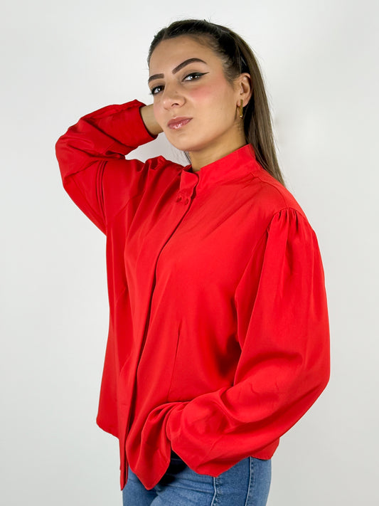 Camicia Vintage Rossa con Collo Coreana e Maniche a Sbuffo