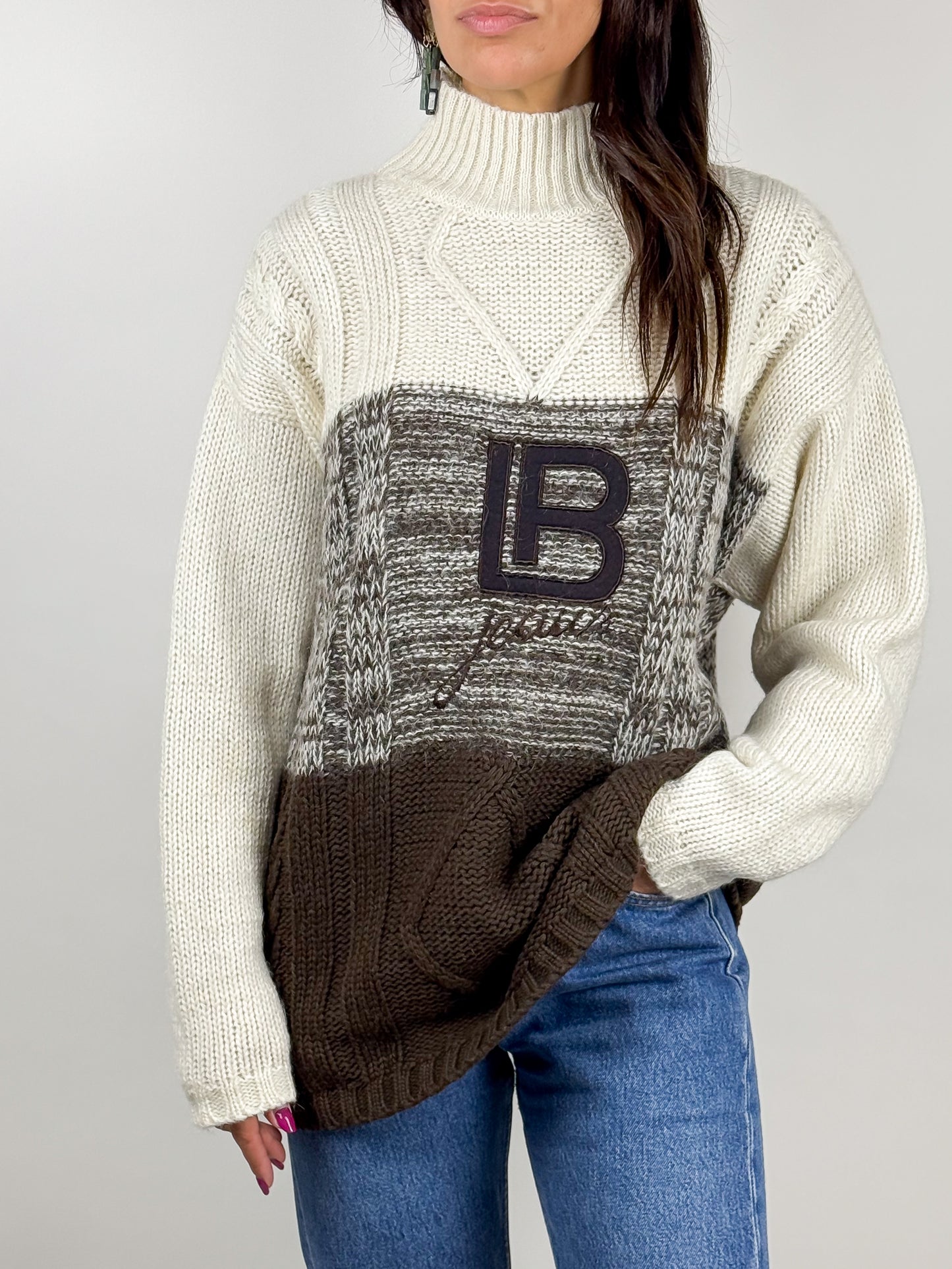 Maglione Vintage Lana Laura Biagiotti Jeans Panna e Marrone Anni '90