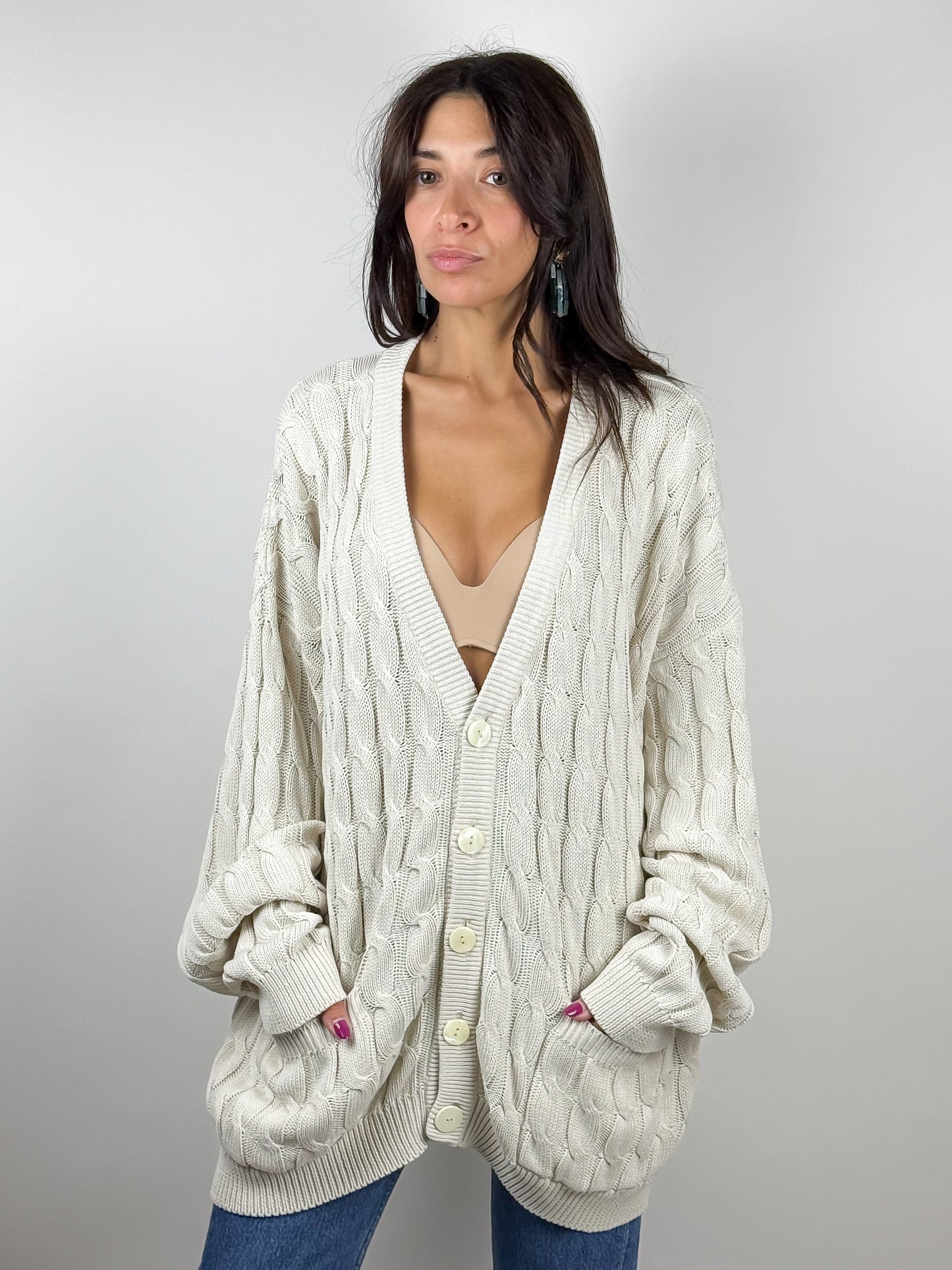 Cardigan vintage in cotone beige con trecce